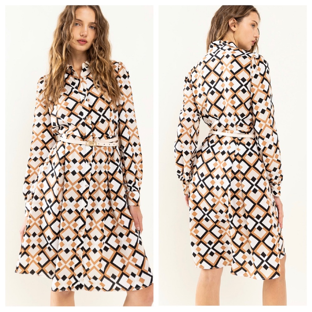 Geometric Print Woven Basic Collared Midi Dress - Picture 4 of 4